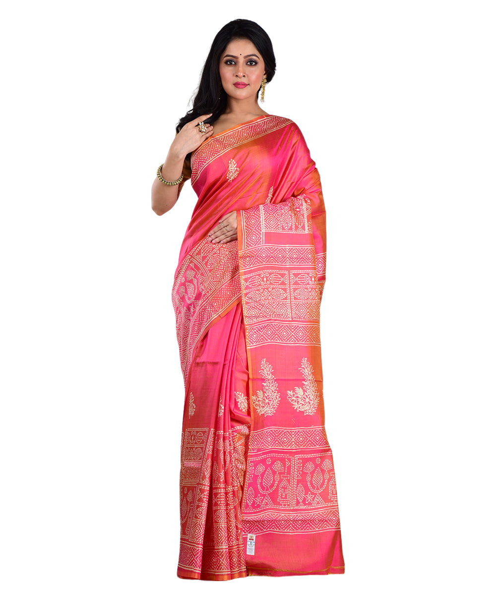 Pink orange hand printed silk saree