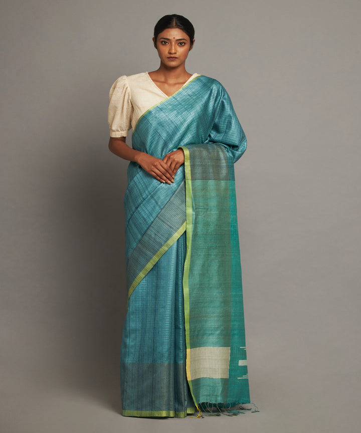 Turquoise blue tussar silk hand woven chhattisgarh kosa saree