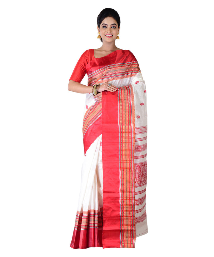 Offwhite red hand printed silk saree