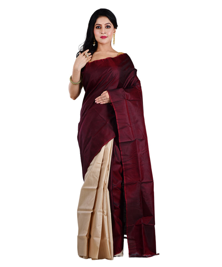 Beige maroon handwoven tussar silk saree