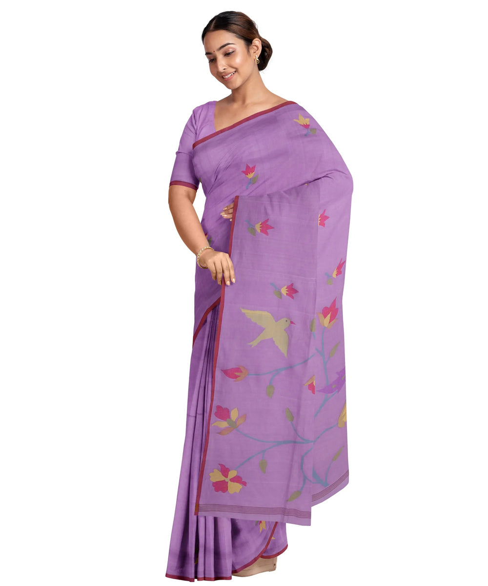 Purple orchid red handwoven jamdani cotton saree