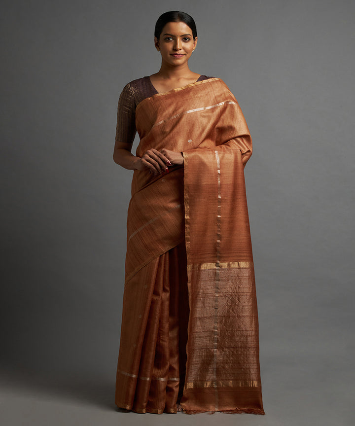 Sienna brown silver zari tussar silk woven chhattisgarh kosa saree