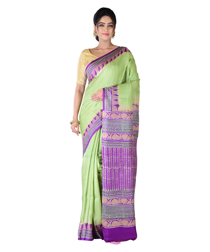Light green purple hand printed silk saree