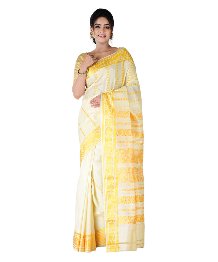 White yellow handwoven silk saree