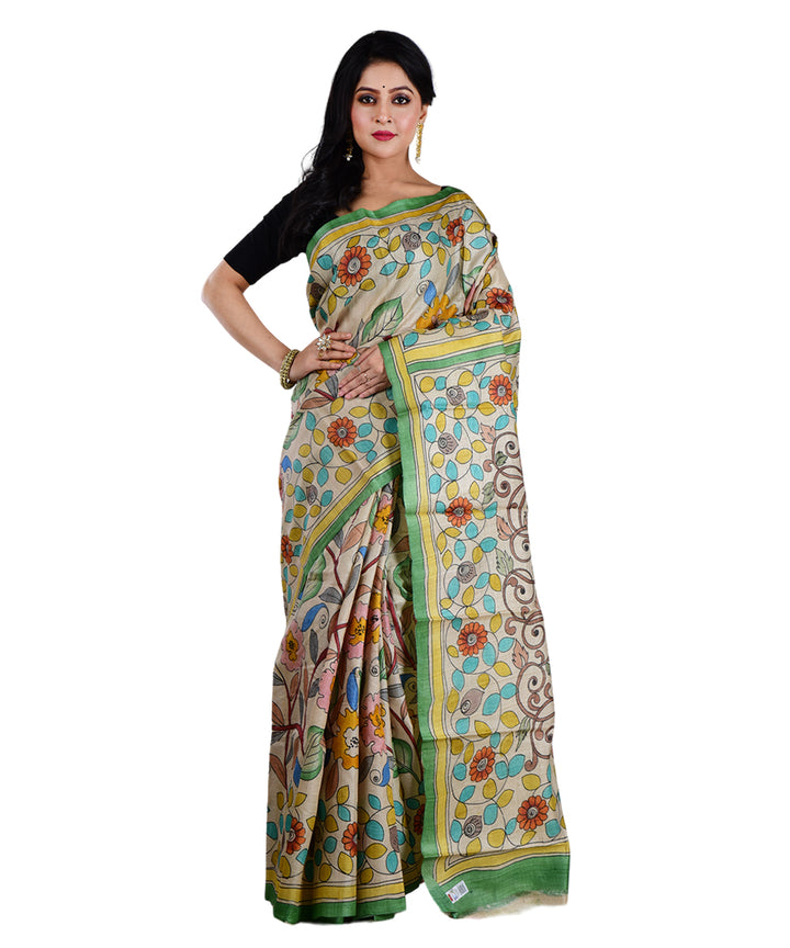 Beige multicolor hand printed tussar silk saree