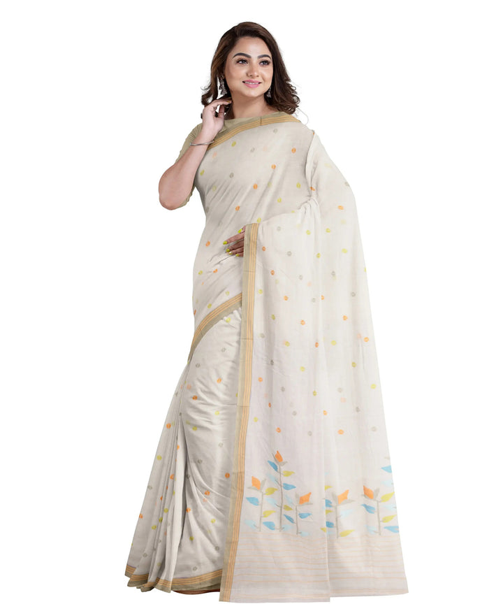 White blue handwoven jamdani cotton saree
