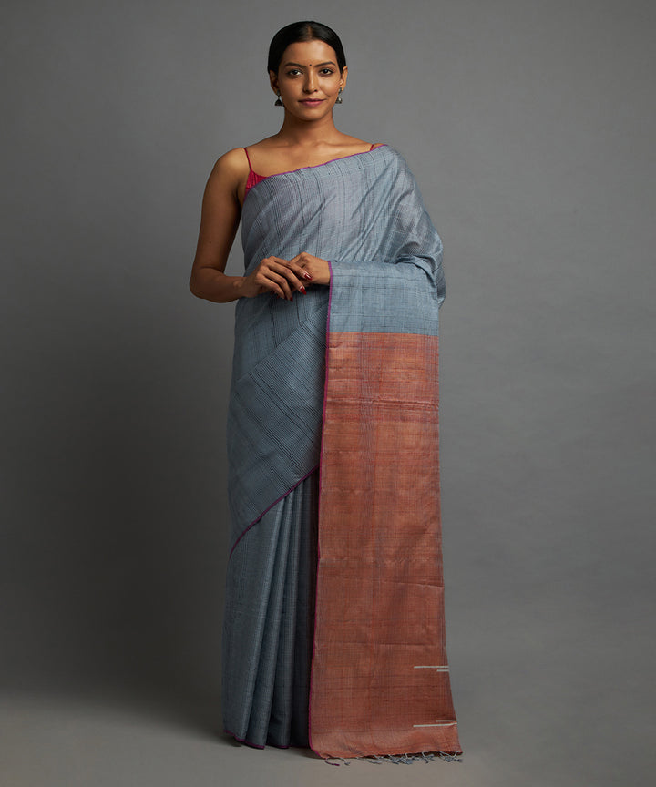 Dusky blue grey tussar silk hand woven chhattisgarh kosa saree