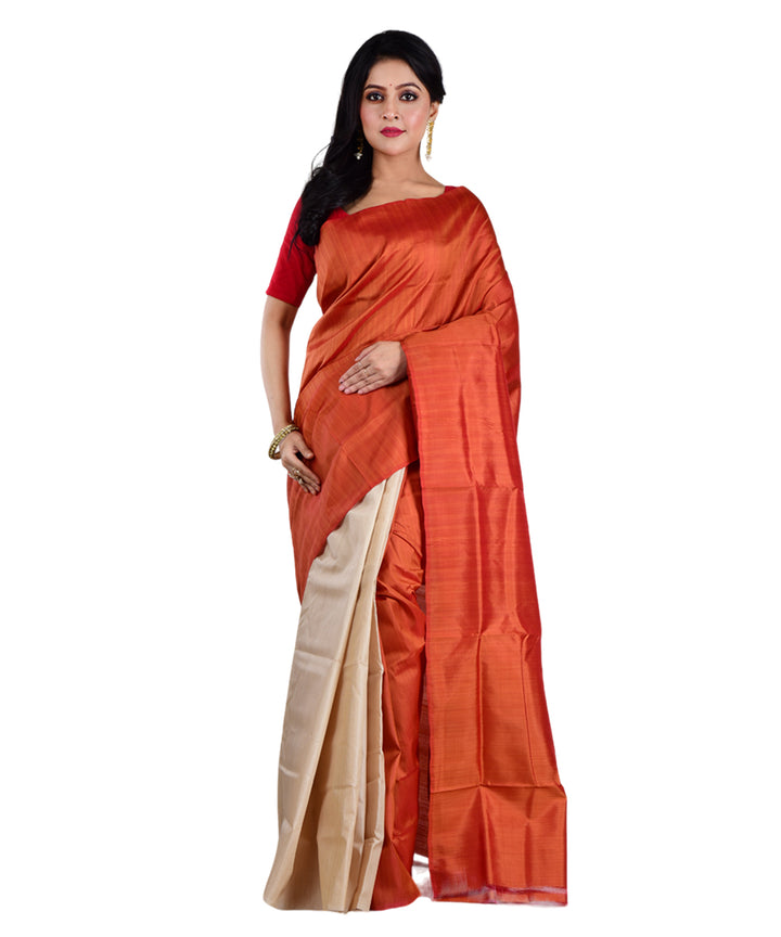 Beige orange handwoven tussar silk saree