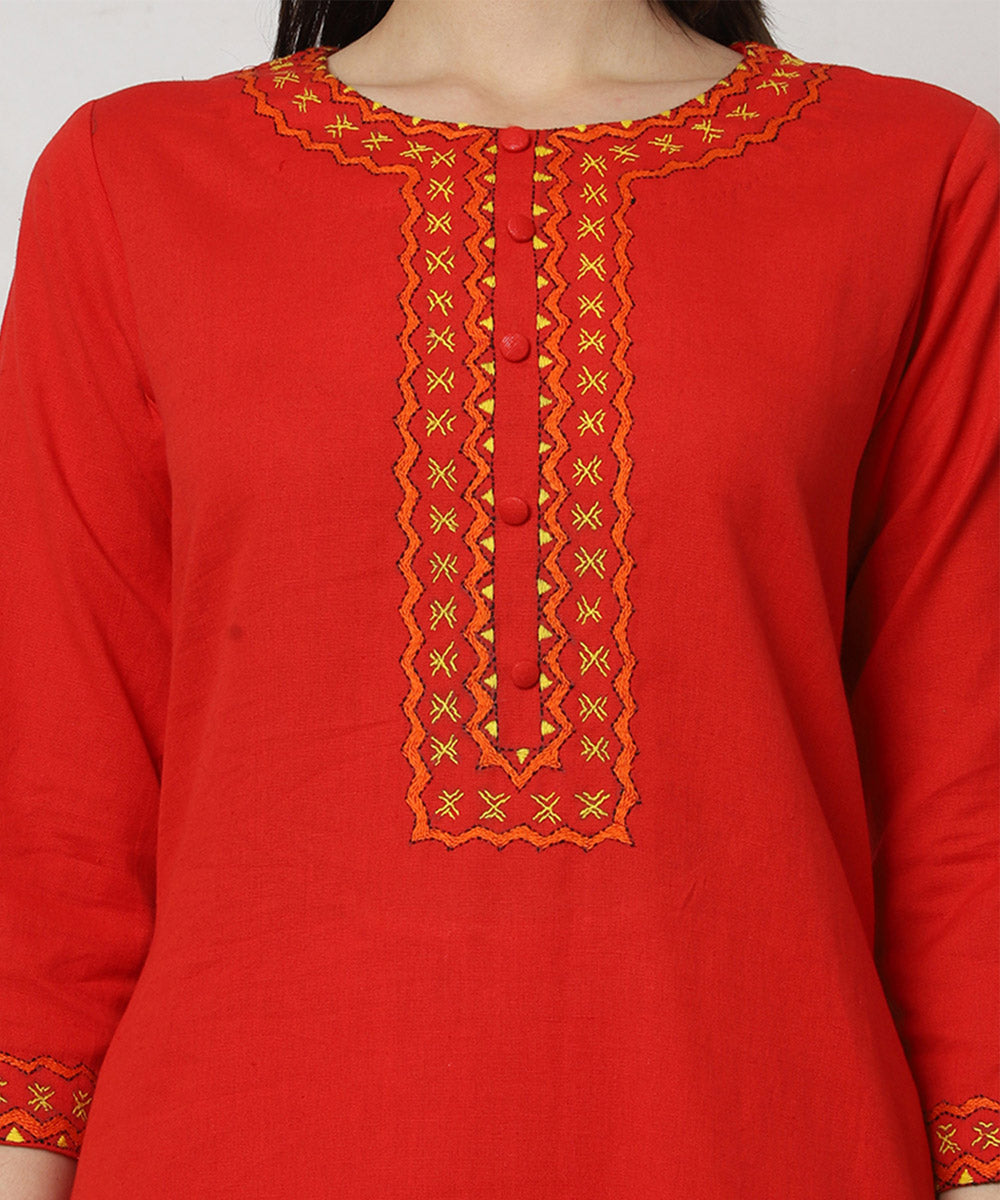 Red cotton hand embroidered kurta set