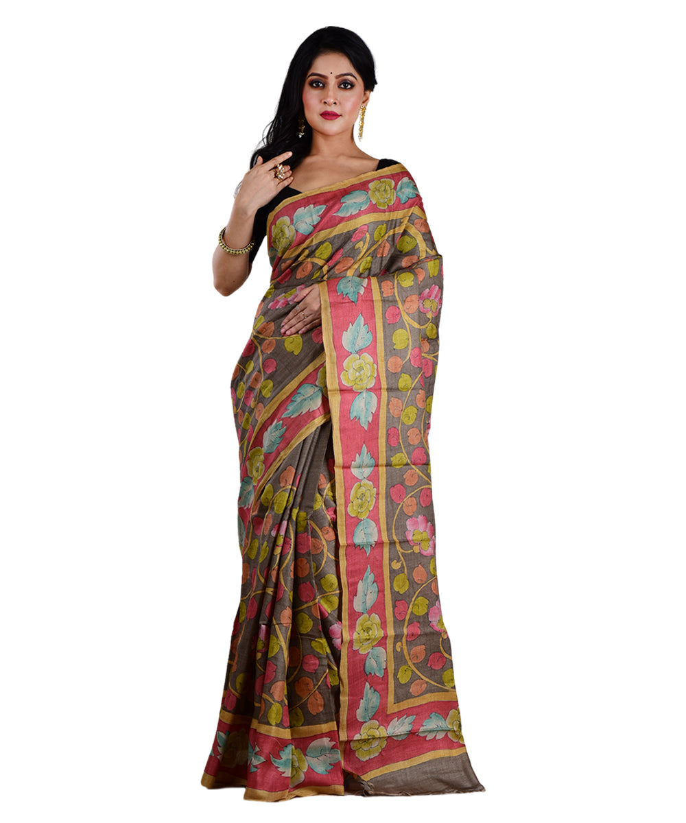 Multicolor brown hand printed tussar silk saree