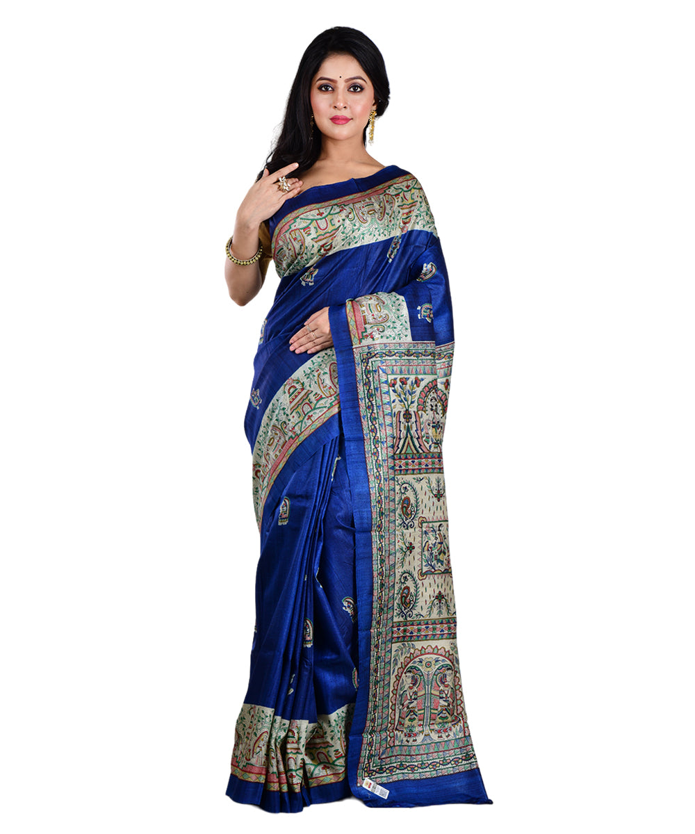 Navy blue multicolor hand printed tussar silk saree