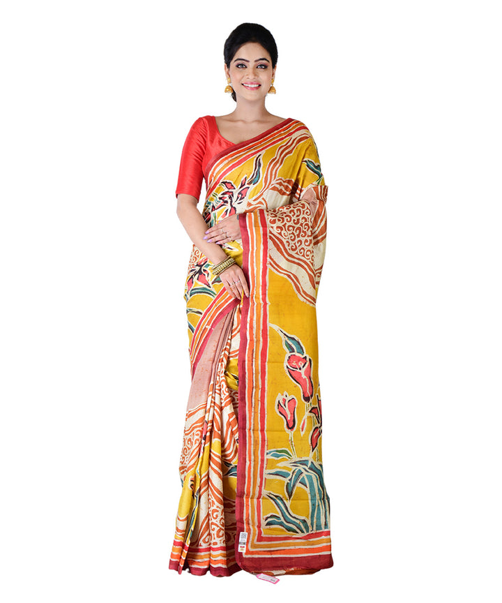 Yellow multicolor hand printed silk saree