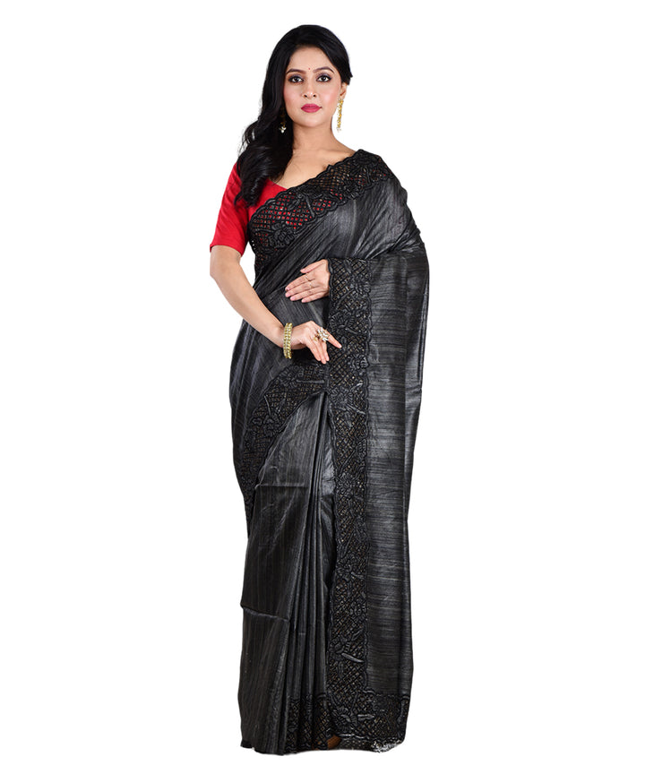 Black handwoven tussar silk saree