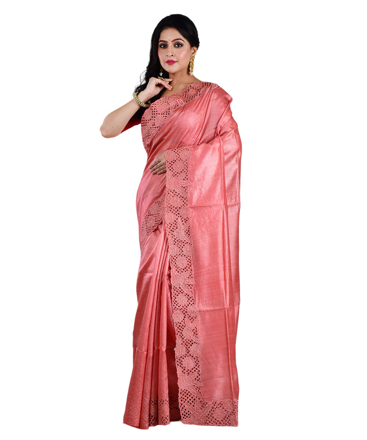 Peach handwoven tussar silk saree