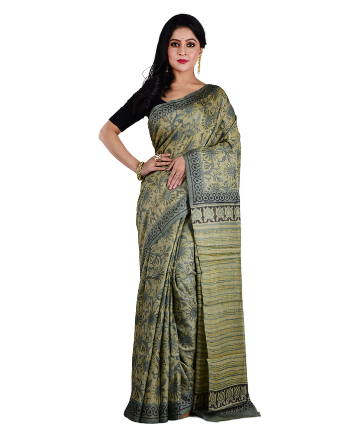 Beige grey tussar silk hand printed saree