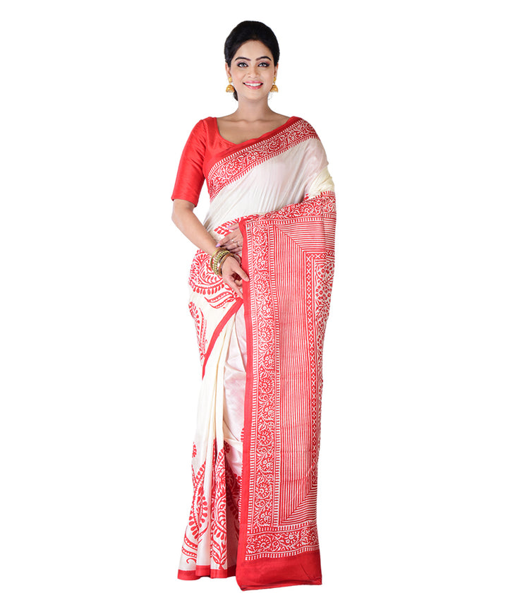 White red hand-printed silk saree