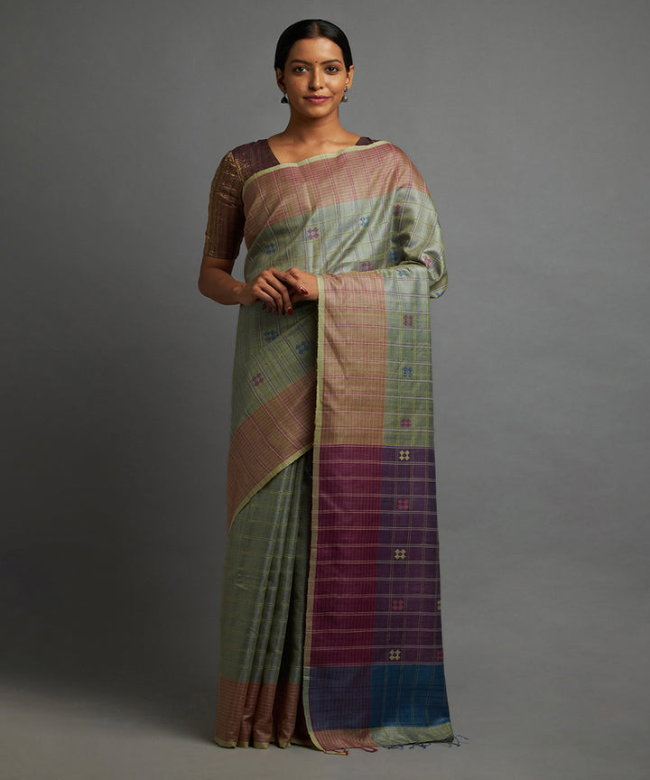 Pistachio chhattisgarh kosa tussar silk hand woven saree