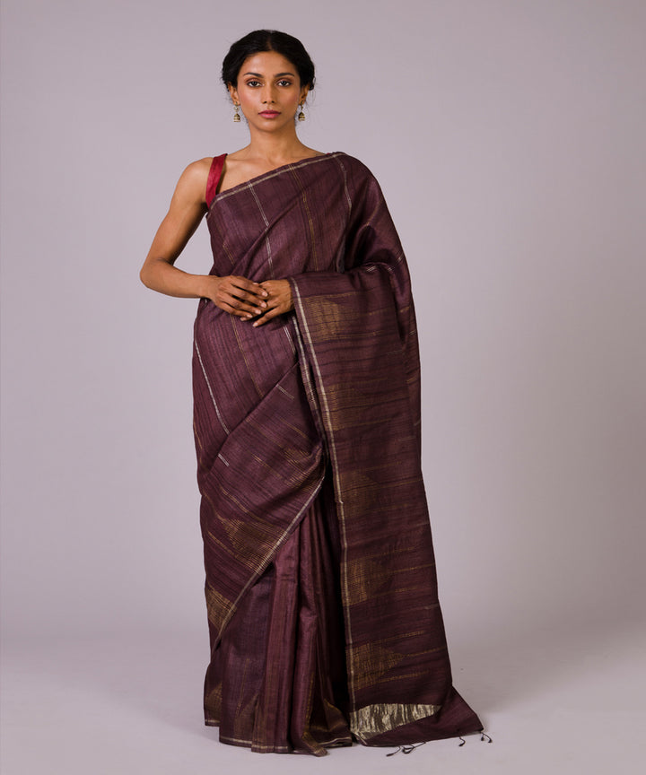 Dark brown tussar silk hand woven chhattisgarh kosa saree