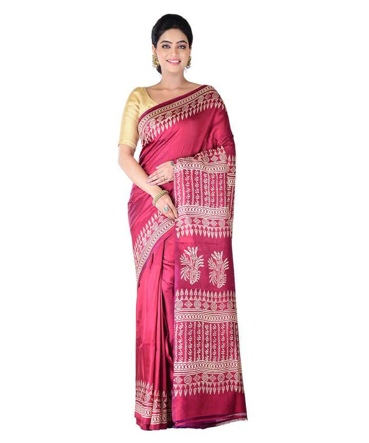 Maroon white hand printed silk saree