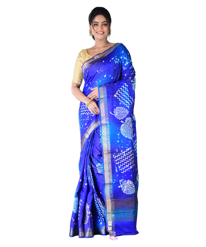 Navy blue silk hand printed saree