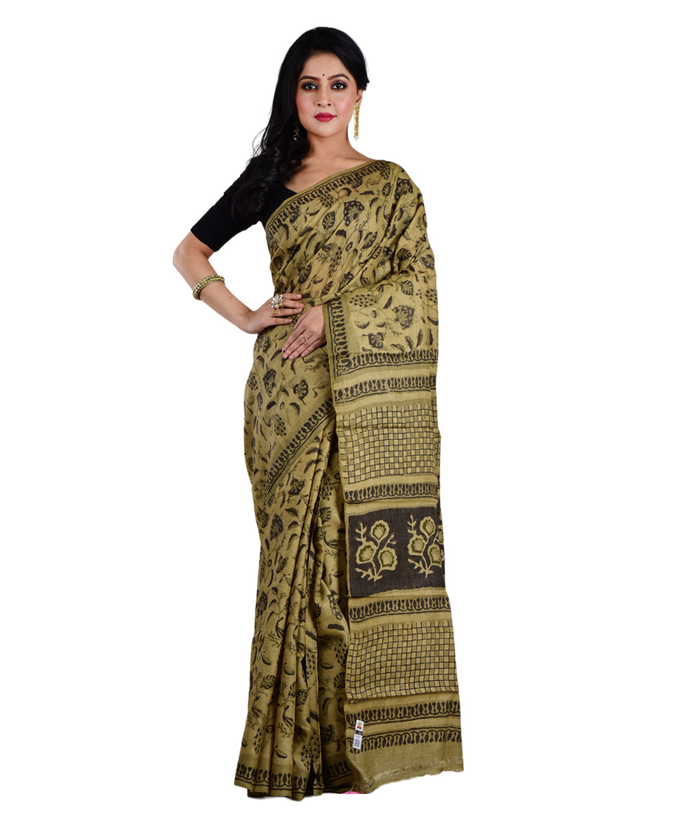 Beige brown hand printed tussar silk saree