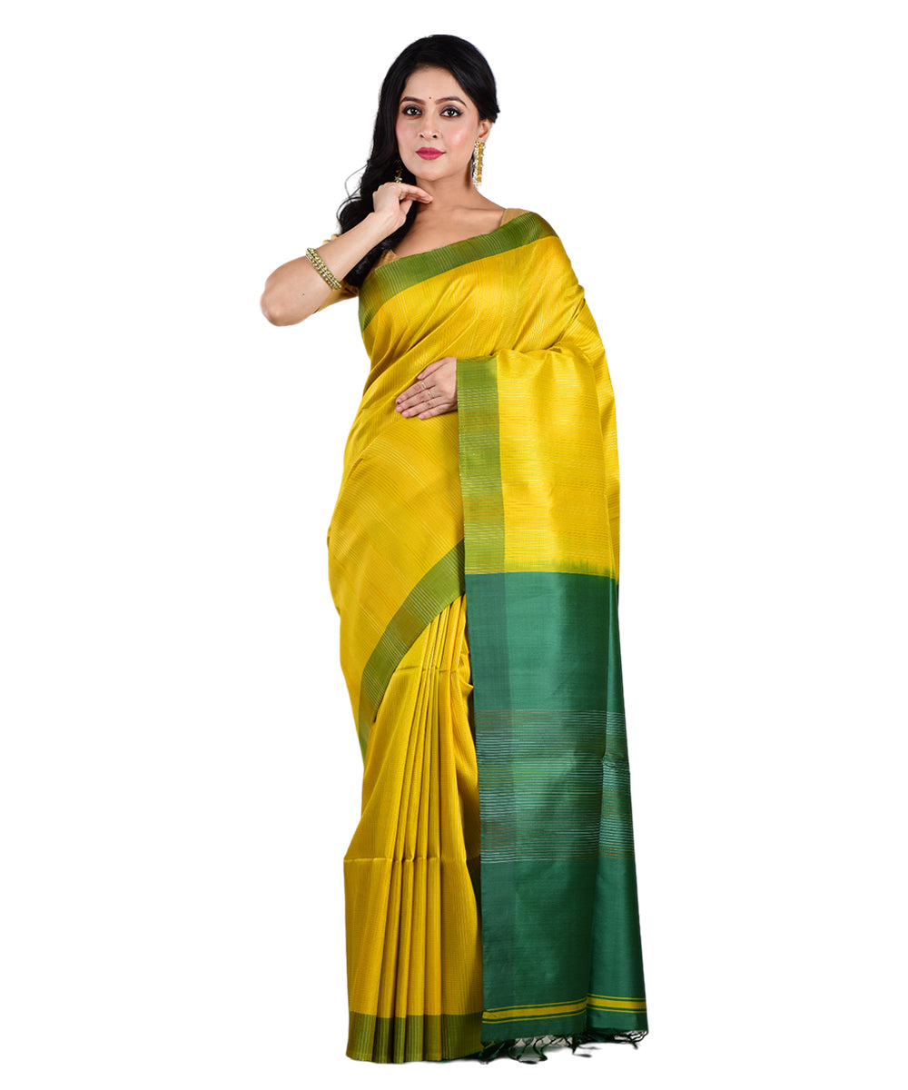 Yellow dark green handwoven silk saree