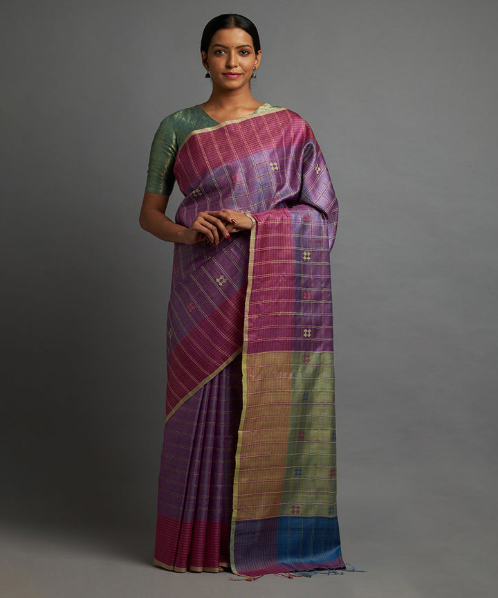 Magenta deep lavender tussar silk hand woven chhattisgarh kosa saree