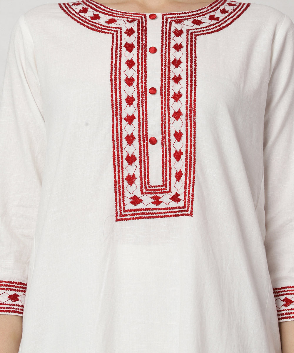 White red cotton hand embroidered kurta set