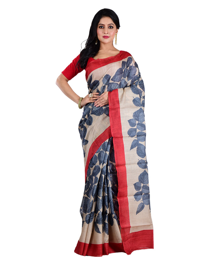 Beige grey hand printed tussar silk saree