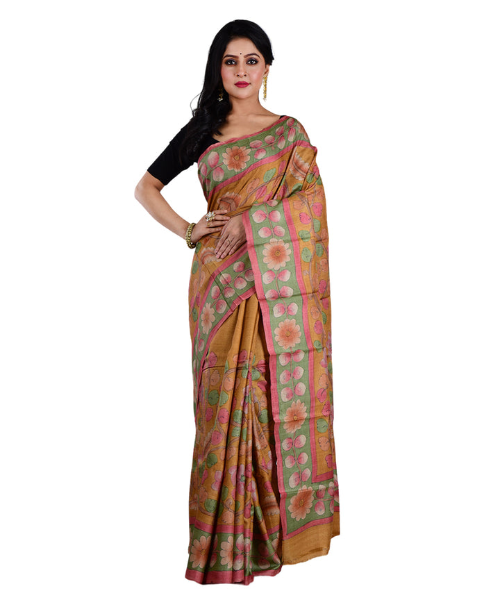 Mustard multicolor hand printed tussar silk saree