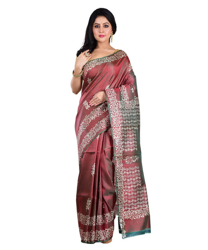 Maroon multicolor hand printed silk saree