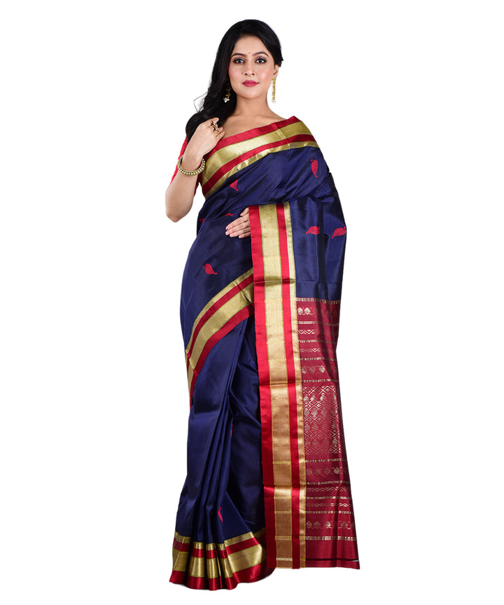 Navy blue red handwoven silk saree