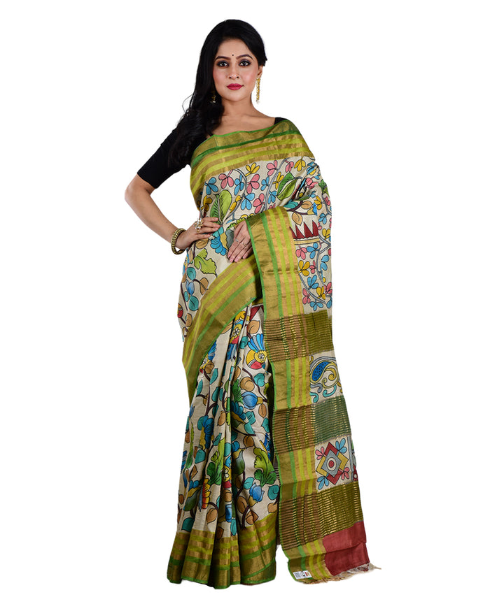 Beige multicolor bengal hand printed tussar silk saree