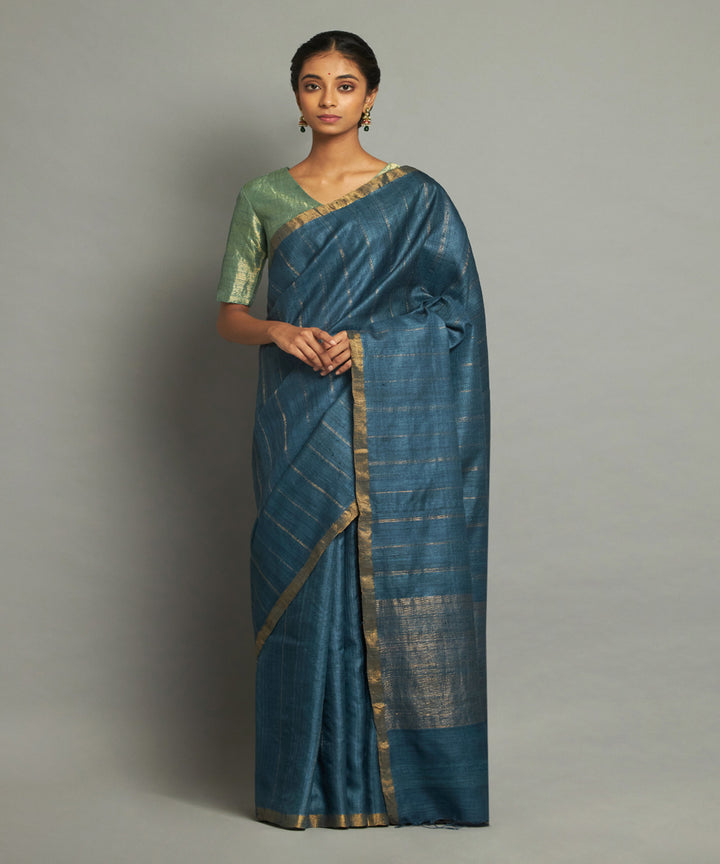 Deep indigo tussar silk hand woven chhattisgarh kosa saree