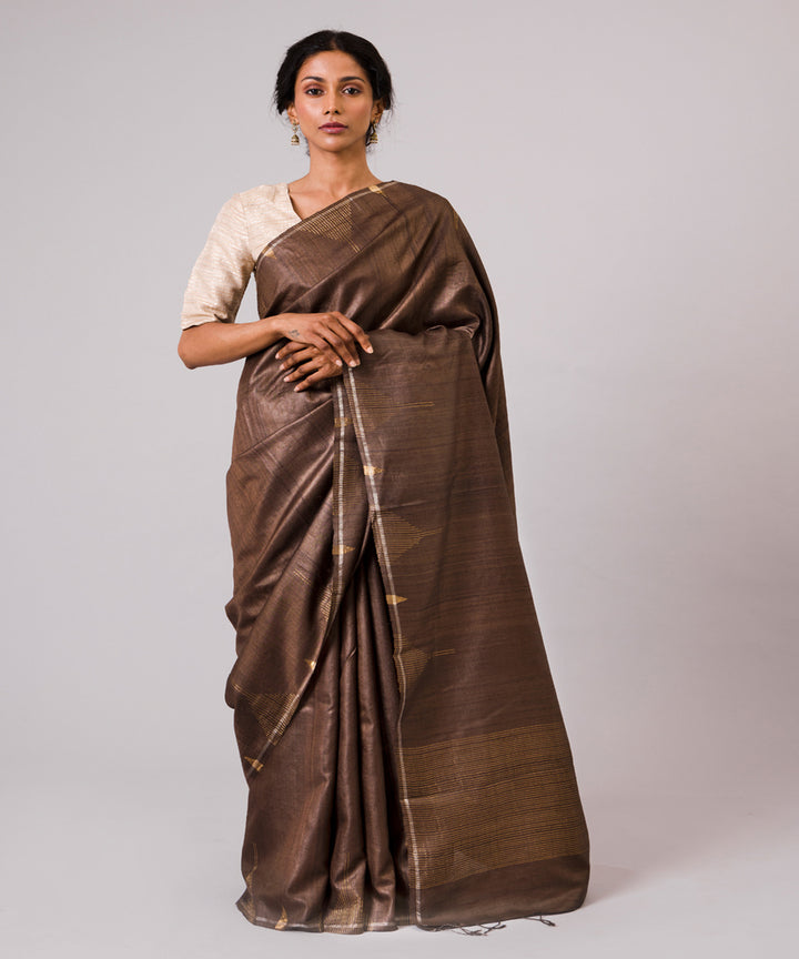 Coffee brown tussar silk hand woven chhattisgarh kosa saree