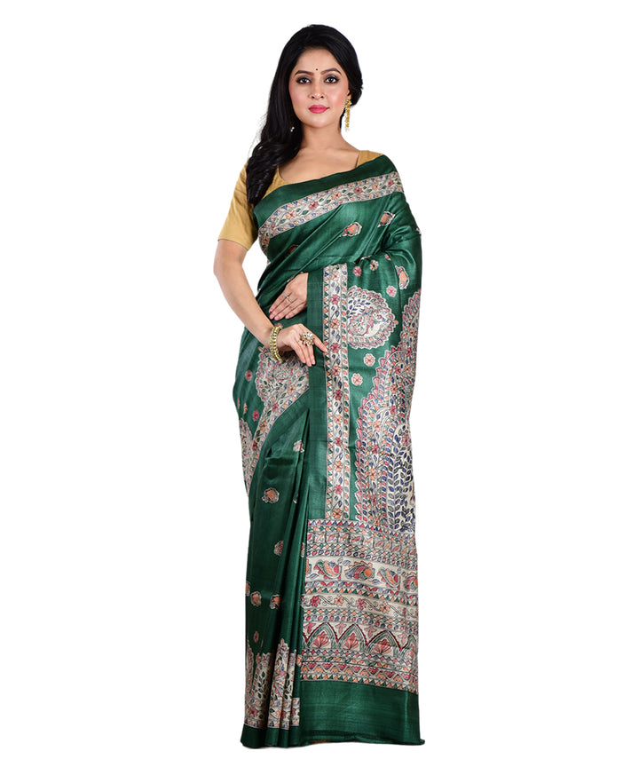 Dark green multicolor hand printed tussar silk saree