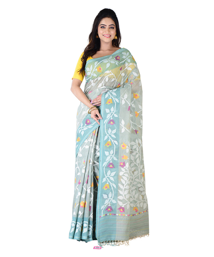 Cyan blue multicolor handwoven cotton saree