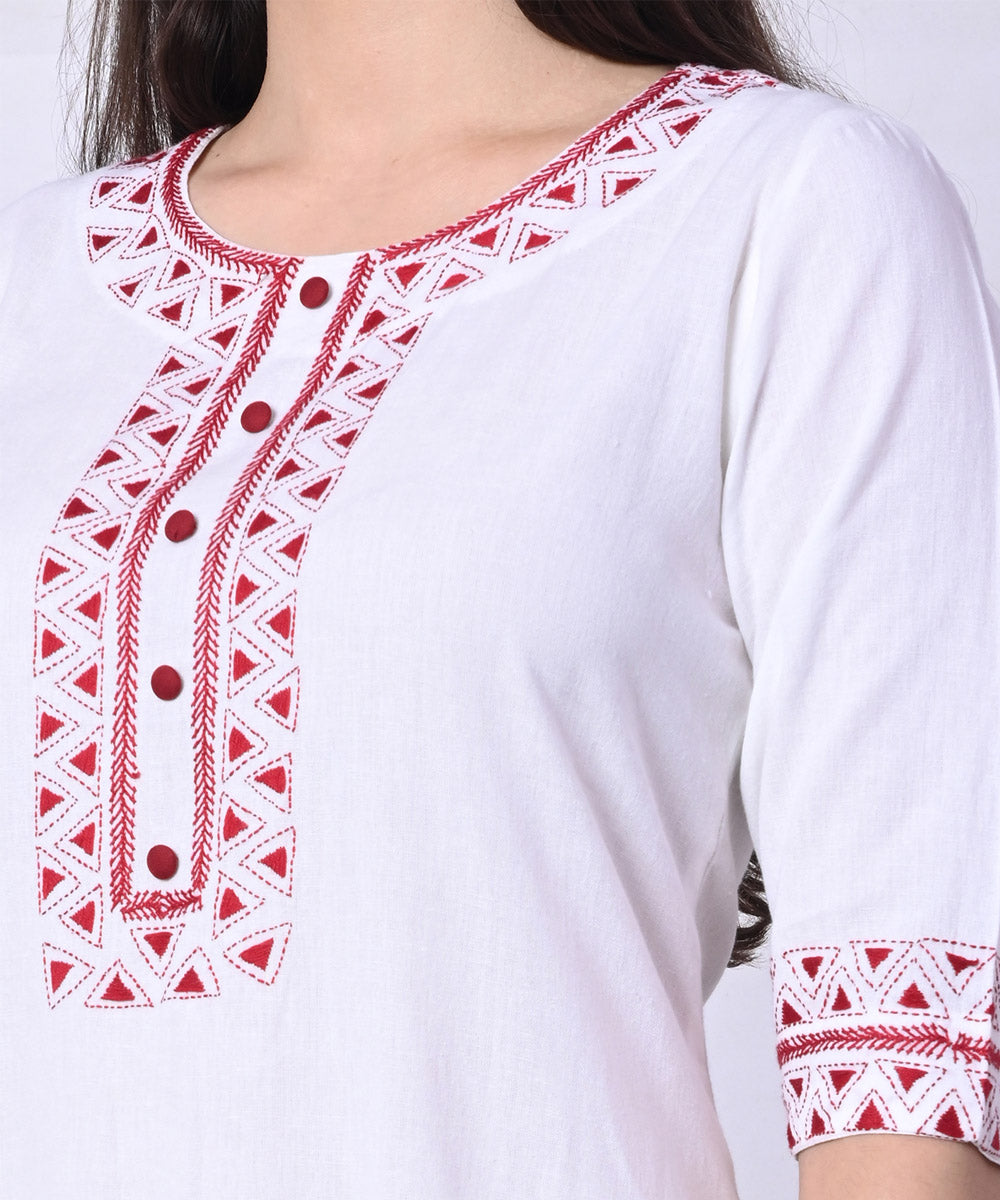 White red hand embroidered cotton kurta set