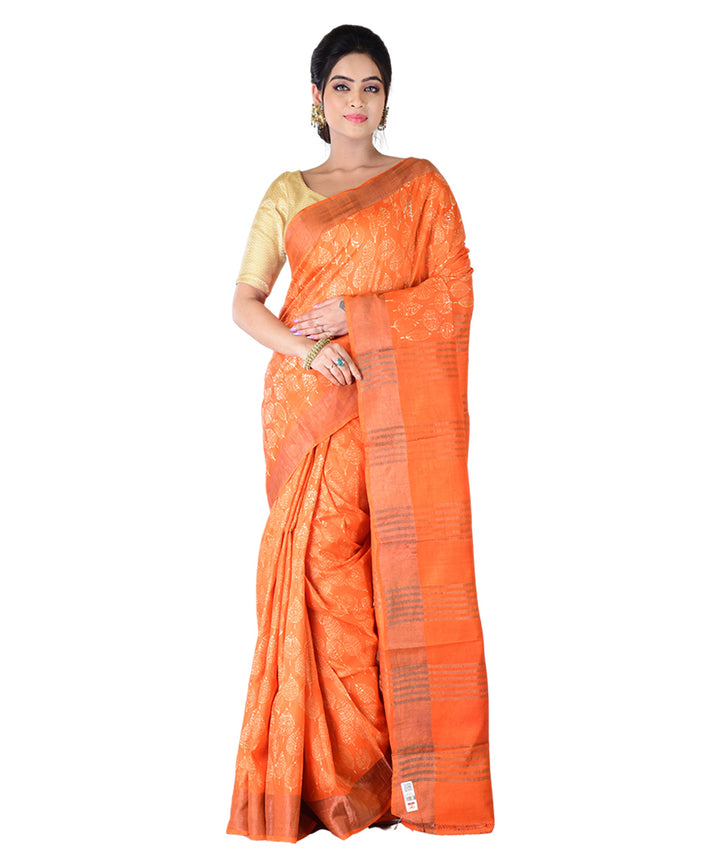 Orange hand printed silk saree
