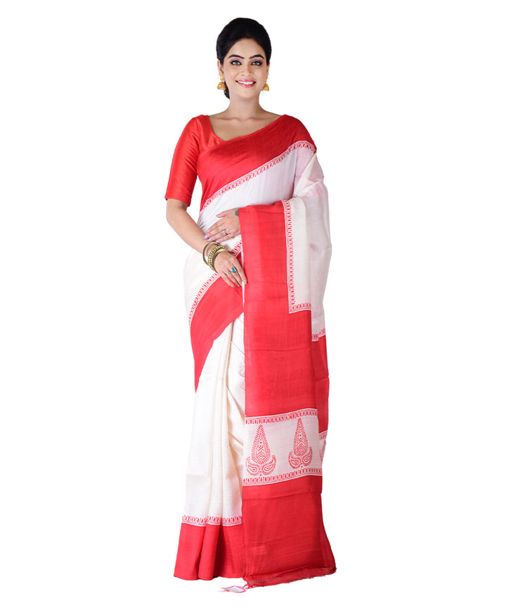 White red silk hand printed saree