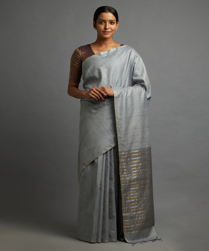 Cloud grey tussar silk hand woven chhattisgarh kosa saree