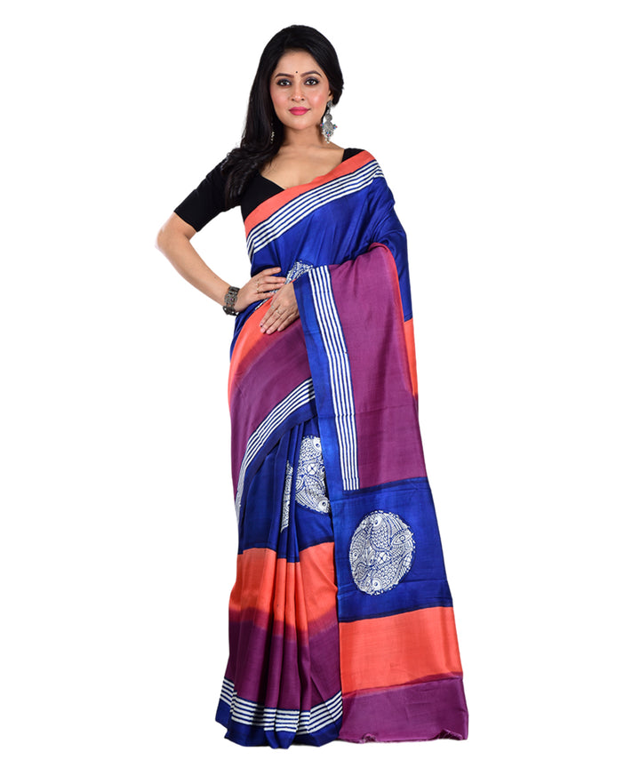 Navy blue multicolor hand printed silk saree