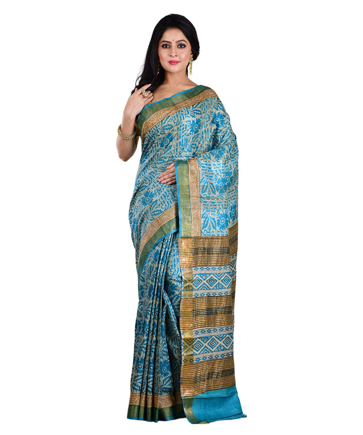 Sky blue beige hand printed tussar silk saree