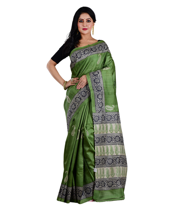 Light green black hand printed tussar silk saree