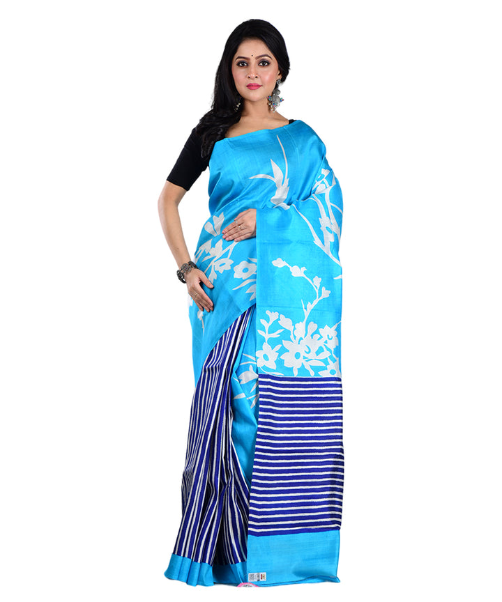 Sky blue navy blue hand printed silk saree