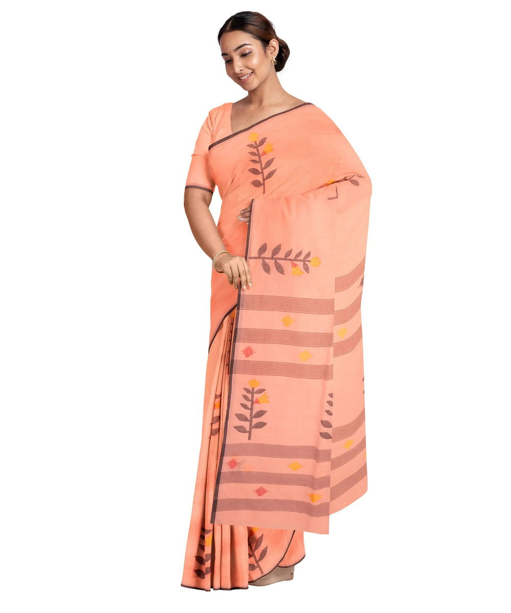 Pale peach red handwoven jamdani cotton saree