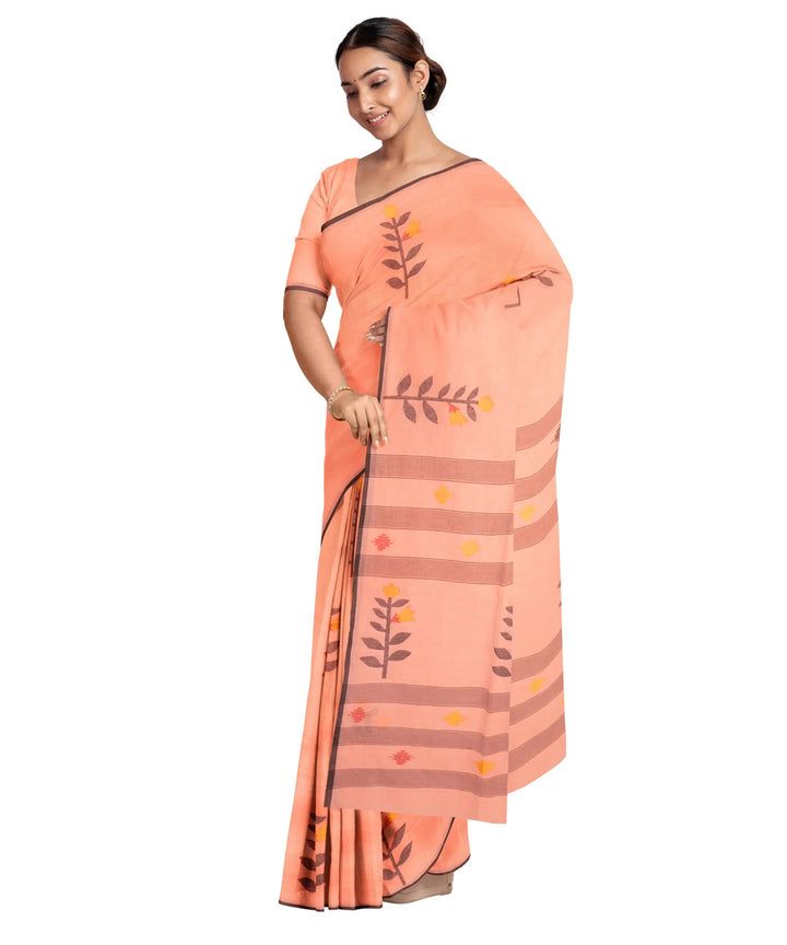 Pale peach red handwoven jamdani cotton saree