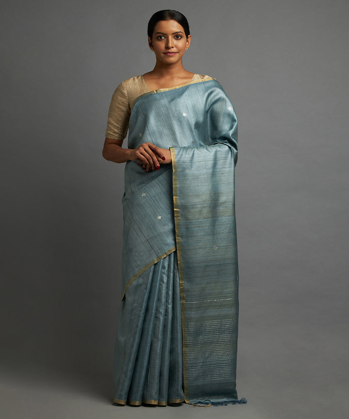 Teal grey tussar silk hand woven chhattisgarh kosa saree