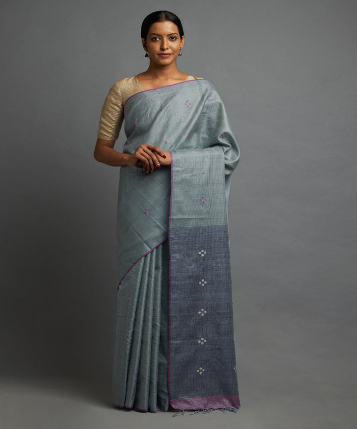 Denim blue grey tussar silk hand woven chhattisgarh kosa saree