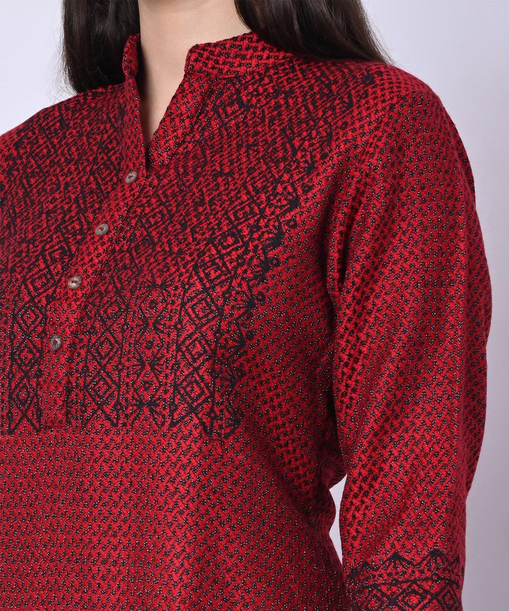Red black handblock printed woolen kurta set